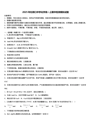 2025年杜郎口中学化学高一上期中检测模拟试题含解析