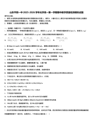 山东平阴一中2025-2026学年化学高一第一学期期中教学质量检测模拟试题含解析