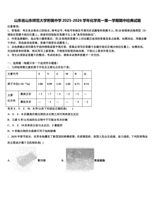 山东省山东师范大学附属中学2025-2026学年化学高一第一学期期中经典试题含解析