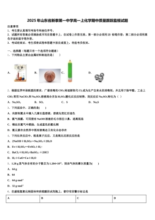 2025年山东省新泰第一中学高一上化学期中质量跟踪监视试题含解析
