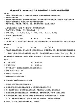 潍坊第一中学2025-2026学年化学高一第一学期期中复习检测模拟试题含解析