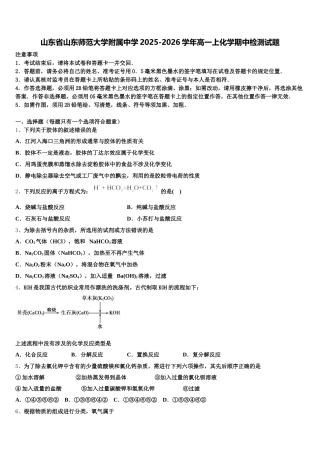 山东省山东师范大学附属中学2025-2026学年高一上化学期中检测试题含解析