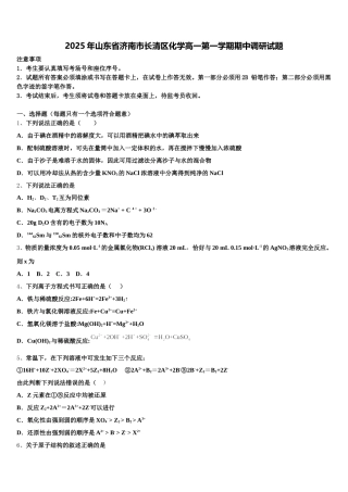 2025年山东省济南市长清区化学高一第一学期期中调研试题含解析
