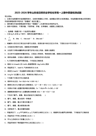 2025-2026学年山东省日照农业学校化学高一上期中质量检测试题含解析