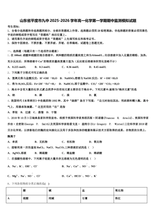 山东省平度市九中2025-2026学年高一化学第一学期期中监测模拟试题含解析