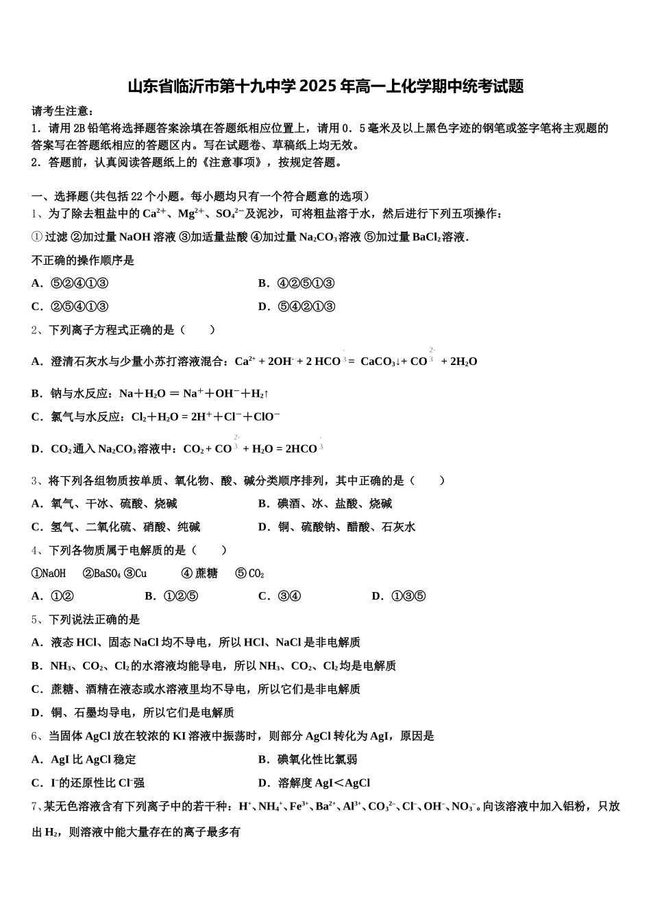 山东省临沂市第十九中学2025年高一上化学期中统考试题含解析_第1页