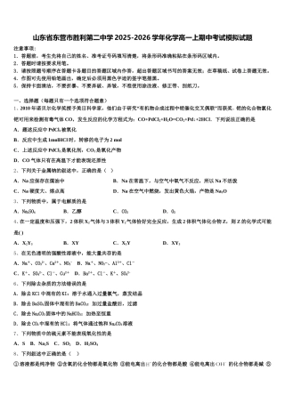 山东省东营市胜利第二中学2025-2026学年化学高一上期中考试模拟试题含解析