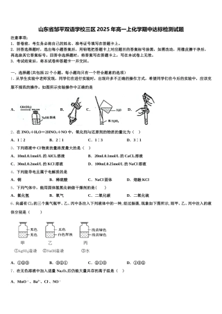 山东省邹平双语学校三区2025年高一上化学期中达标检测试题含解析