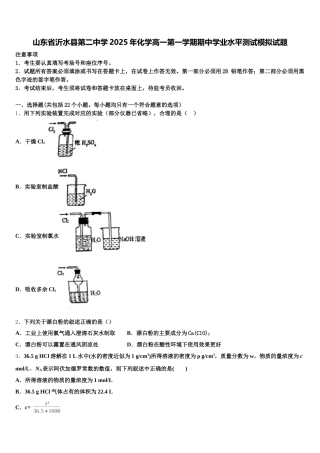 山东省沂水县第二中学2025年化学高一第一学期期中学业水平测试模拟试题含解析