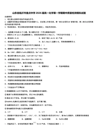 山东省临沂市重点中学2026届高一化学第一学期期中质量检测模拟试题含解析