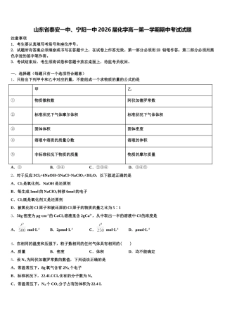 山东省泰安一中、宁阳一中2026届化学高一第一学期期中考试试题含解析