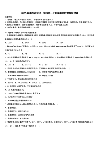 2025年山东省菏泽、烟台高一上化学期中联考模拟试题含解析