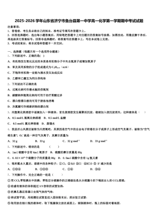 2025-2026学年山东省济宁市鱼台县第一中学高一化学第一学期期中考试试题含解析