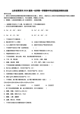 山东省莱芜市2026届高一化学第一学期期中学业质量监测模拟试题含解析