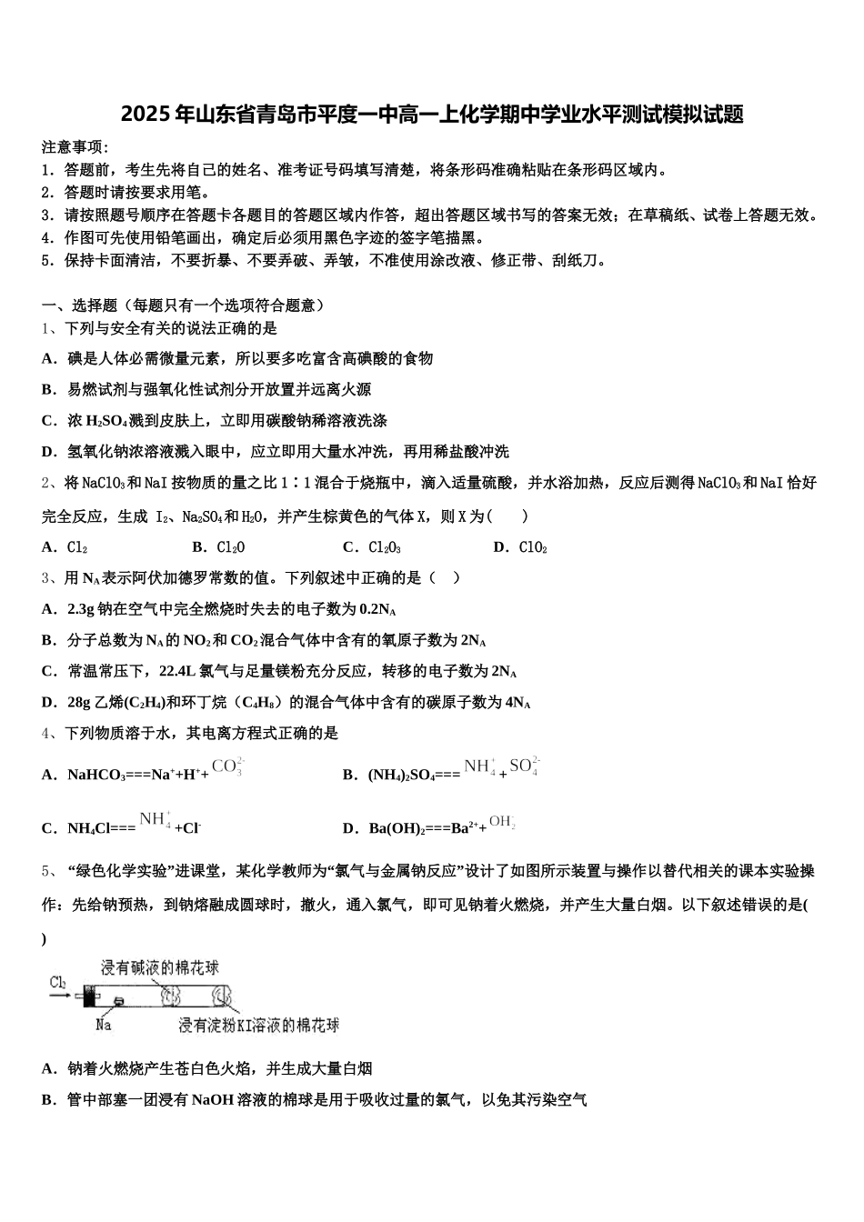 2025年山东省青岛市平度一中高一上化学期中学业水平测试模拟试题含解析_第1页