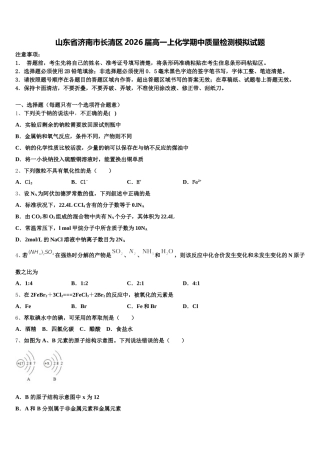 山东省济南市长清区2026届高一上化学期中质量检测模拟试题含解析
