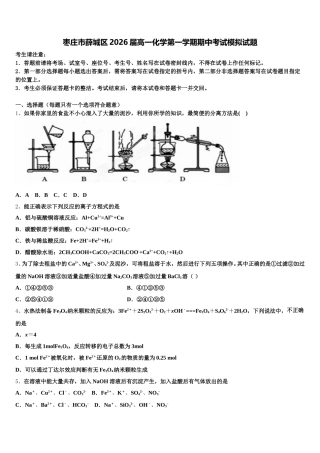 枣庄市薛城区2026届高一化学第一学期期中考试模拟试题含解析