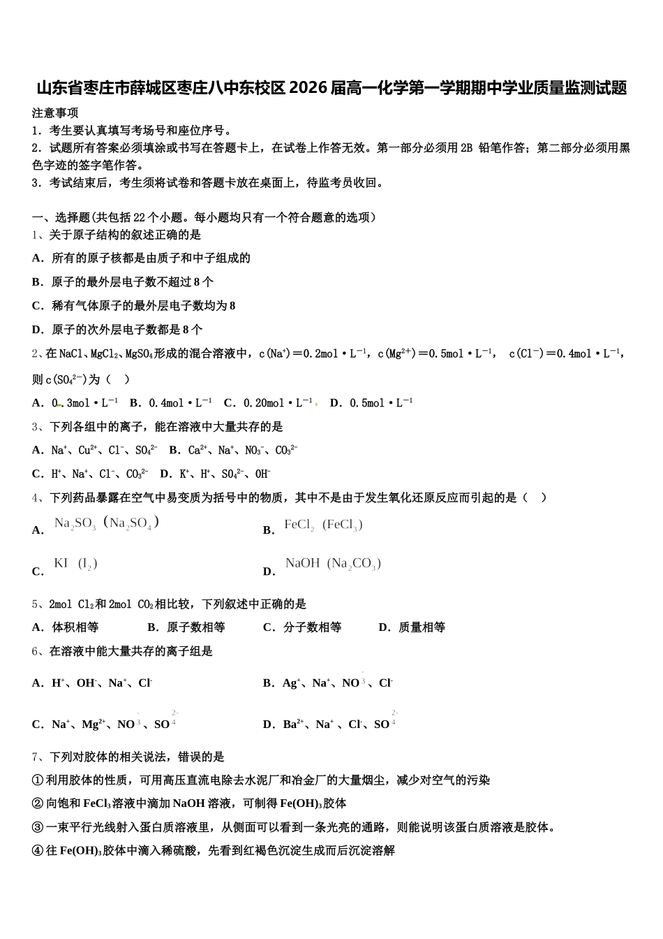 山东省枣庄市薛城区枣庄八中东校区2026届高一化学第一学期期中学业质量监测试题含解析_第1页