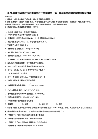 2026届山东省枣庄市市中区枣庄三中化学高一第一学期期中教学质量检测模拟试题含解析