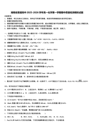 湖南省普通高中2025-2026学年高一化学第一学期期中质量检测模拟试题含解析