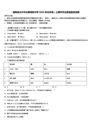 湖南省长沙市长郡湘府中学2025年化学高一上期中学业质量监测试题含解析