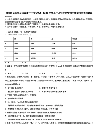 湖南省岳阳市岳阳县第一中学2025-2026学年高一上化学期中教学质量检测模拟试题含解析