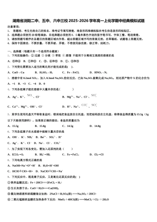 湖南省浏阳二中、五中、六中三校2025-2026学年高一上化学期中经典模拟试题含解析