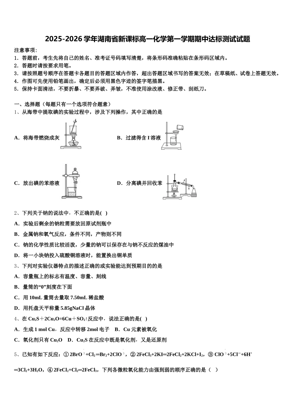 2025-2026学年湖南省新课标高一化学第一学期期中达标测试试题含解析_第1页
