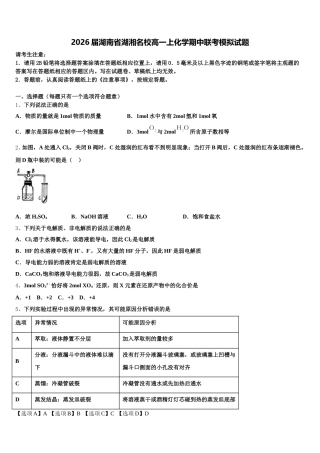 2026届湖南省湖湘名校高一上化学期中联考模拟试题含解析