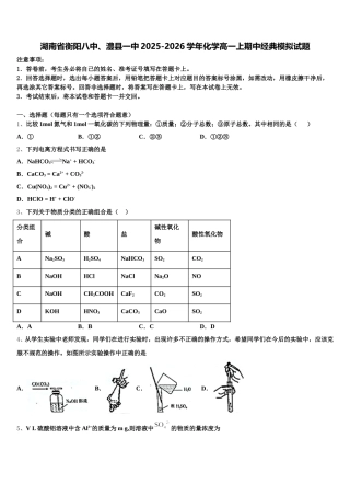 湖南省衡阳八中、澧县一中2025-2026学年化学高一上期中经典模拟试题含解析