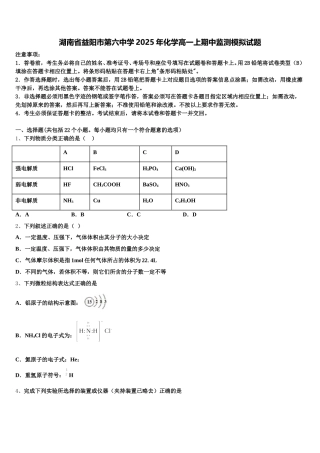 湖南省益阳市第六中学2025年化学高一上期中监测模拟试题含解析