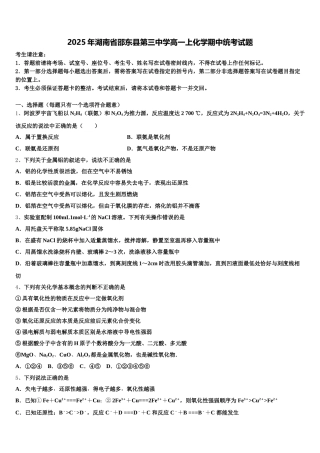 2025年湖南省邵东县第三中学高一上化学期中统考试题含解析