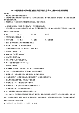 2026届湖南省长沙市麓山国际实验学校化学高一上期中综合测试试题含解析