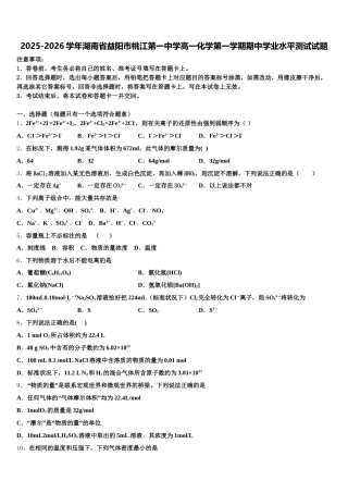 2025-2026学年湖南省益阳市桃江第一中学高一化学第一学期期中学业水平测试试题含解析