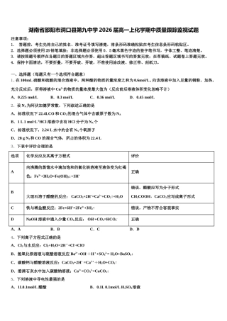 湖南省邵阳市洞口县第九中学2026届高一上化学期中质量跟踪监视试题含解析