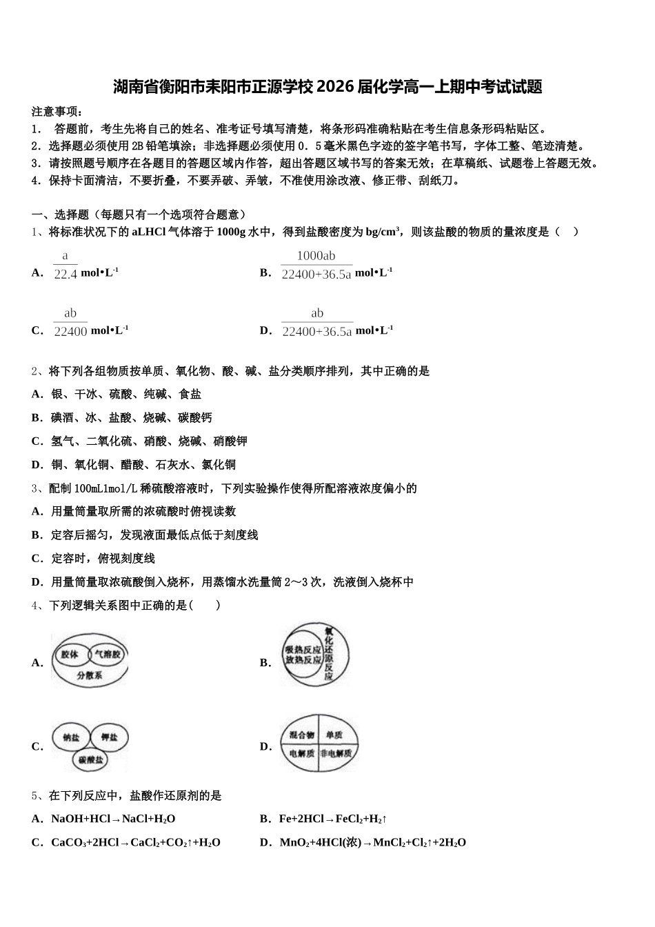 湖南省衡阳市耒阳市正源学校2026届化学高一上期中考试试题含解析_第1页