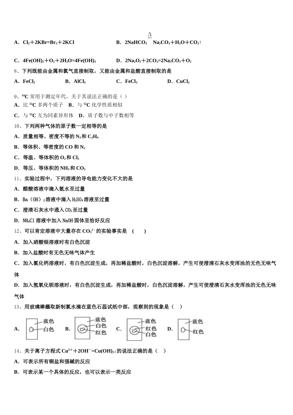 2025年湖南省示范名校高一上化学期中考试试题含解析_第2页