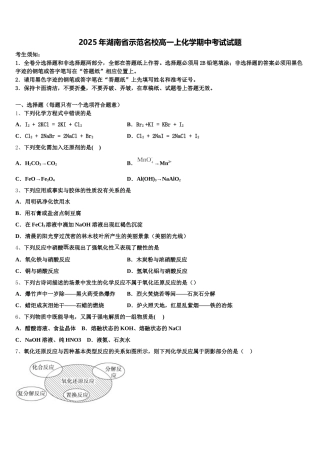 2025年湖南省示范名校高一上化学期中考试试题含解析