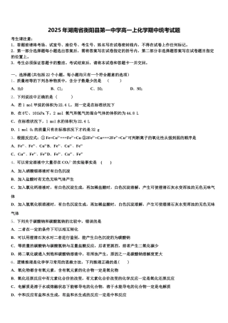 2025年湖南省衡阳县第一中学高一上化学期中统考试题含解析