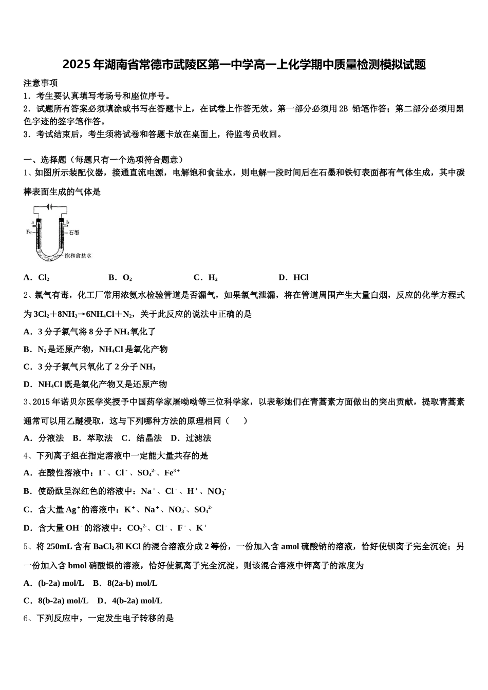 2025年湖南省常德市武陵区第一中学高一上化学期中质量检测模拟试题含解析_第1页