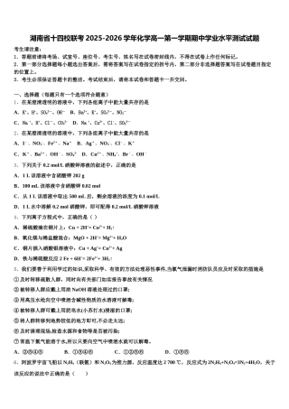 湖南省十四校联考2025-2026学年化学高一第一学期期中学业水平测试试题含解析