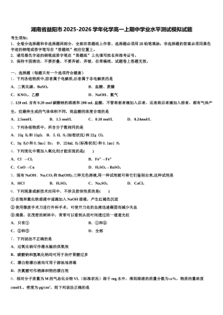 湖南省益阳市2025-2026学年化学高一上期中学业水平测试模拟试题含解析