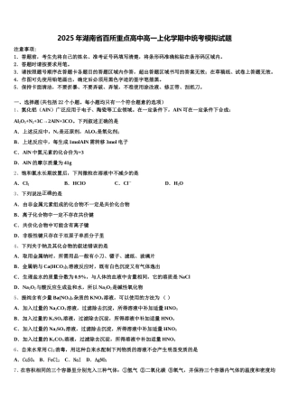 2025年湖南省百所重点高中高一上化学期中统考模拟试题含解析