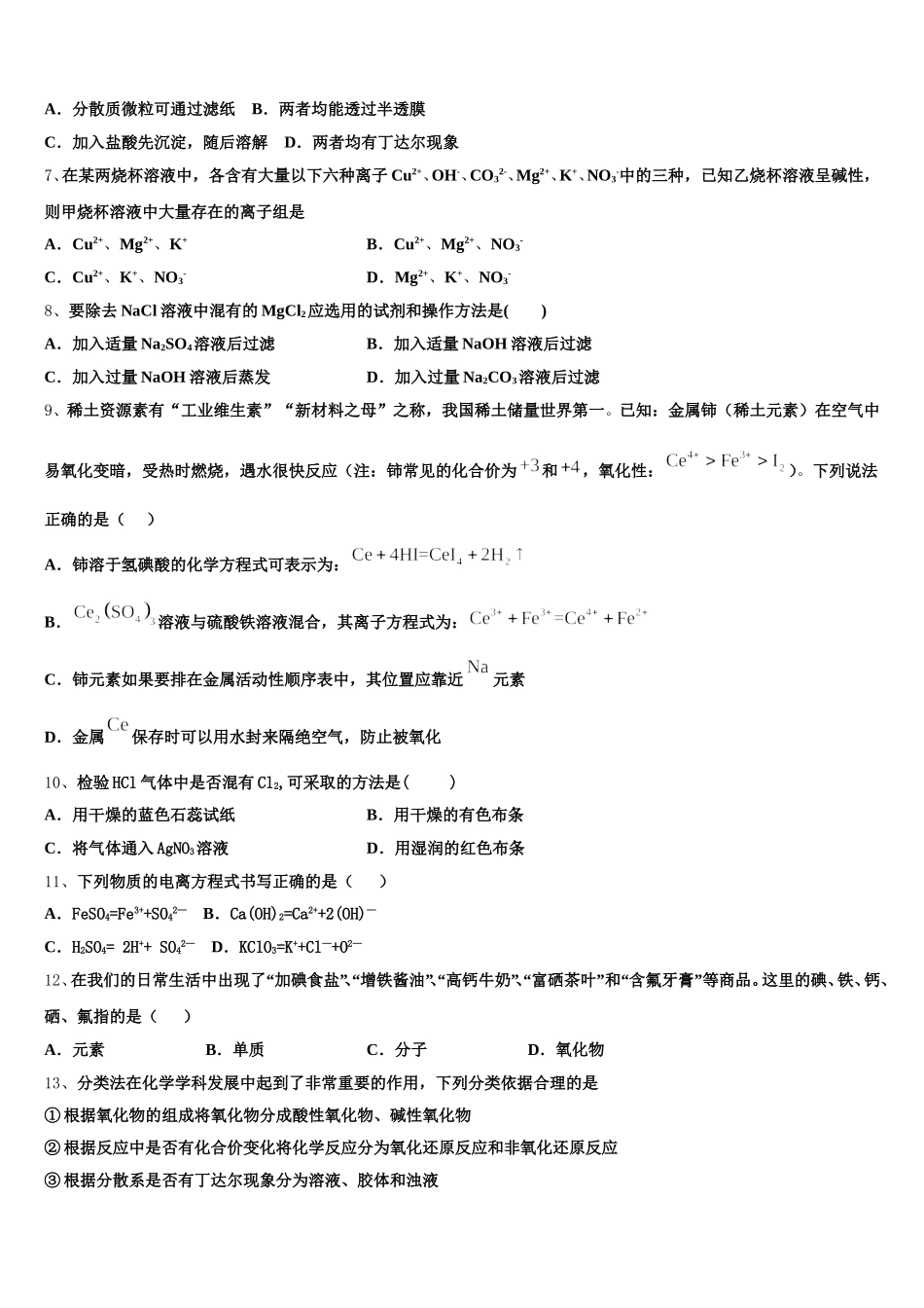 2026届湖南省永州市宁远县第一中学化学高一上期中达标检测模拟试题含解析_第2页