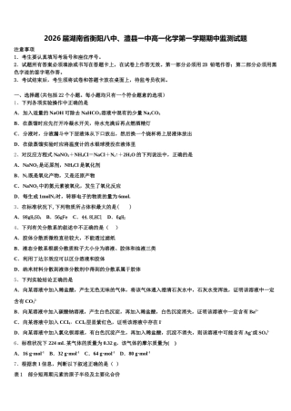 2026届湖南省衡阳八中、澧县一中高一化学第一学期期中监测试题含解析