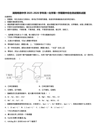 湖南明德中学2025-2026学年高一化学第一学期期中综合测试模拟试题含解析