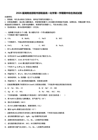 2026届湖南省邵阳市邵阳县高一化学第一学期期中综合测试试题含解析