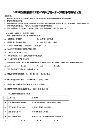 2025年湖南省岳阳市第五中学等化学高一第一学期期中调研模拟试题含解析
