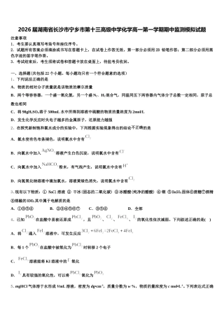 2026届湖南省长沙市宁乡市第十三高级中学化学高一第一学期期中监测模拟试题含解析
