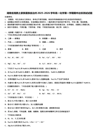 湖南省湘西土家族苗族自治州2025-2026学年高一化学第一学期期中达标测试试题含解析